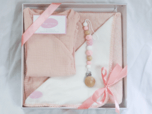 Newborn gift: Babygrow, Blanket, Dummy chain