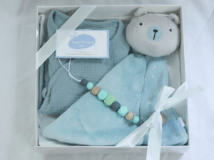 Newborn gift set Dummy chain, Romper, Teddy.