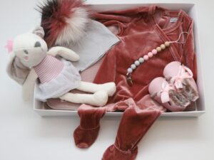 Deluxe Newborn Gift Box: Babygrow, Dummy chain, Blanket, Hat, Shoes, Teddy.