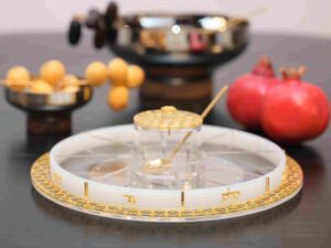 Rosh Hashanah Gift Package | Gold Honeycomb Simonim Tray with Honey Dish & Spoon