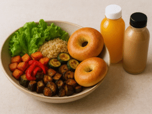 Lunch for 2 - roasted veg quinoa salad, spelt bagels and drinks