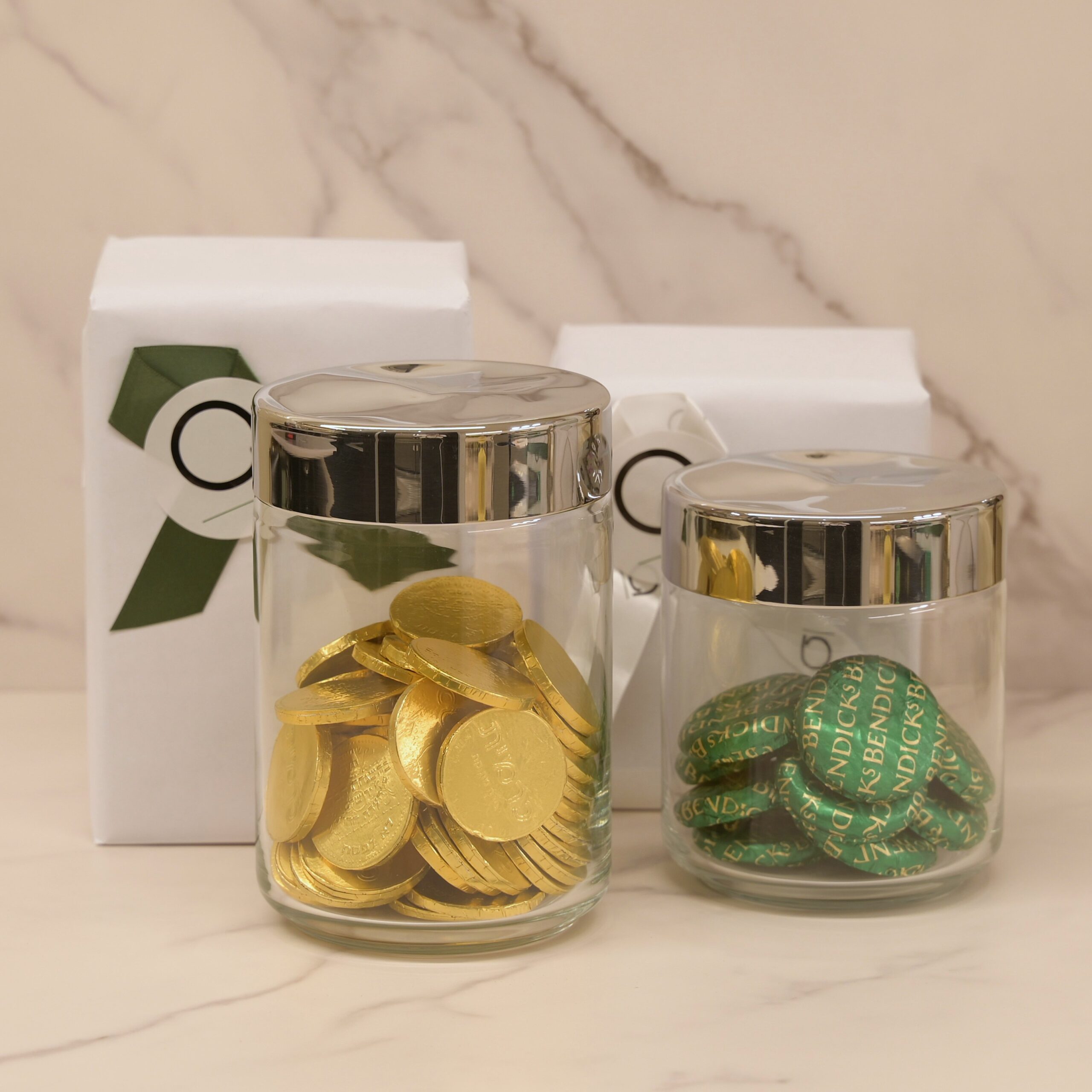 Chanukah Package- Alessi Jars with Chocolate Coins and Bendick’s Chocolate