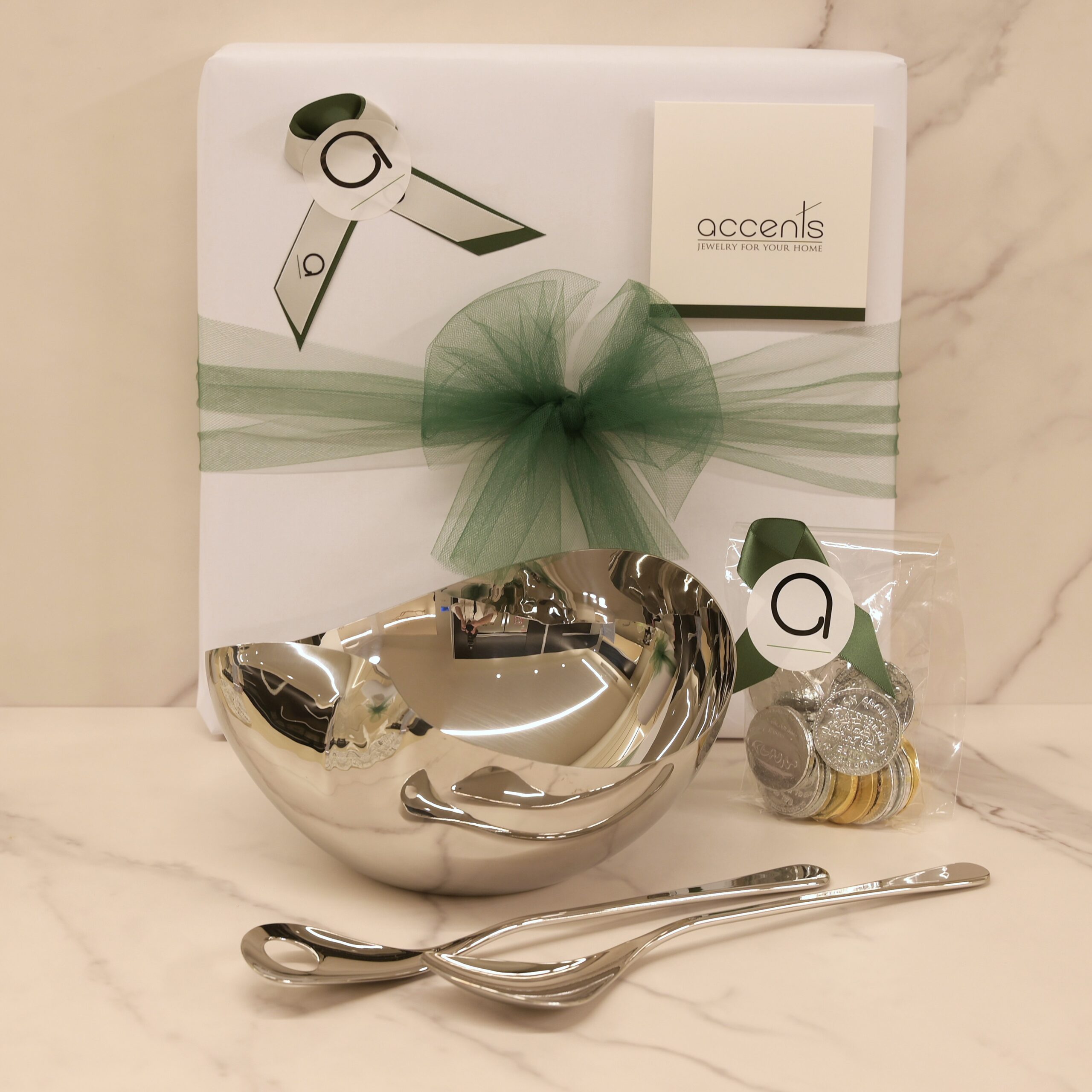 Chanukah Package- Drift Bowl & Iona Servers by Robert Welch with Chocolate Coins