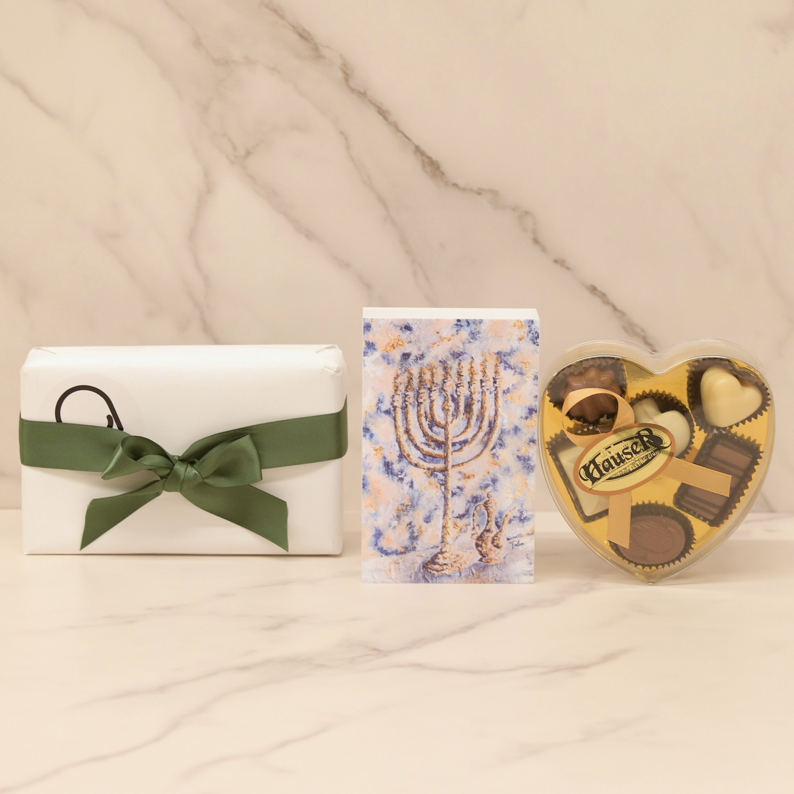Chanukah Package | Splash of Gold Matchbox Holder & Hauser Praline Chocolates