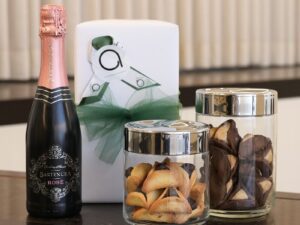 Mishloach Manos | Two Classy Jars by Alessi, Bartenura Rose, Chocolate & Halva Hamentashen